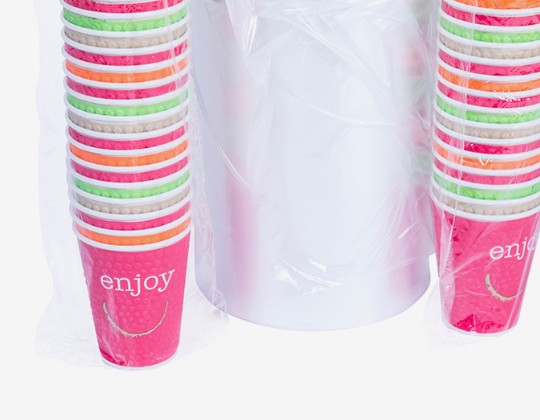 coloured cups in polythene tubing wrap